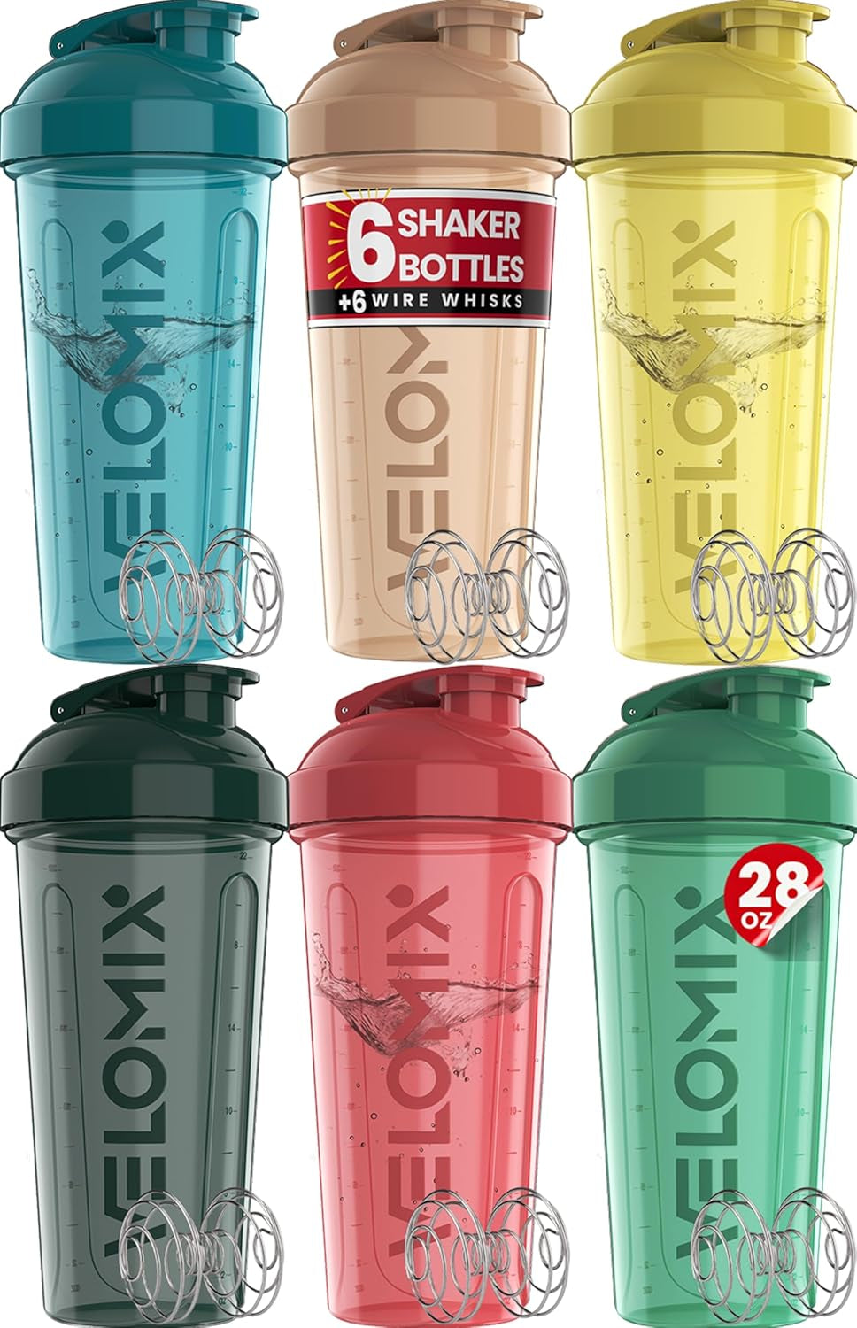 VELOMIX -6 PACK- 28 Oz Protein Shaker Bottle for Protein Mixes - 6X Wire Whisk | Leak Proof Shaker Cups for Protein Shakes | Protein Shaker Bottle Pack | Protein Shake Cup (Earth Tones Collection)