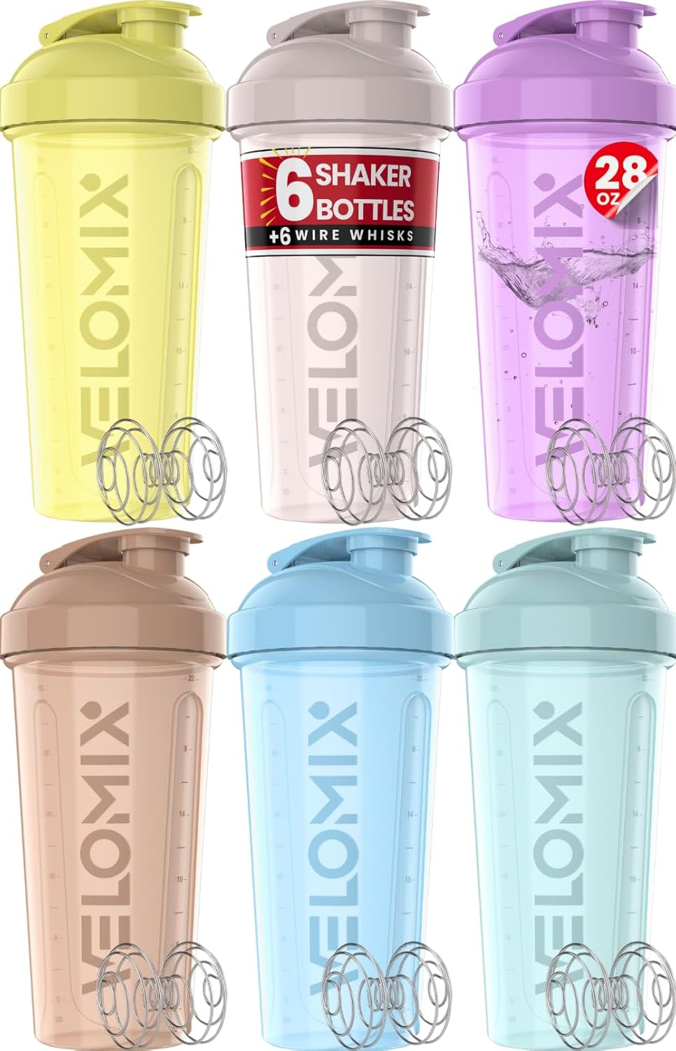 VELOMIX -6 PACK- 28 Oz Protein Shaker Bottle for Protein Mixes - 6X Wire Whisk | Leak Proof Shaker Cups for Protein Shakes | Protein Shaker Bottle Pack | Protein Shake Cup (Earth Tones Collection)