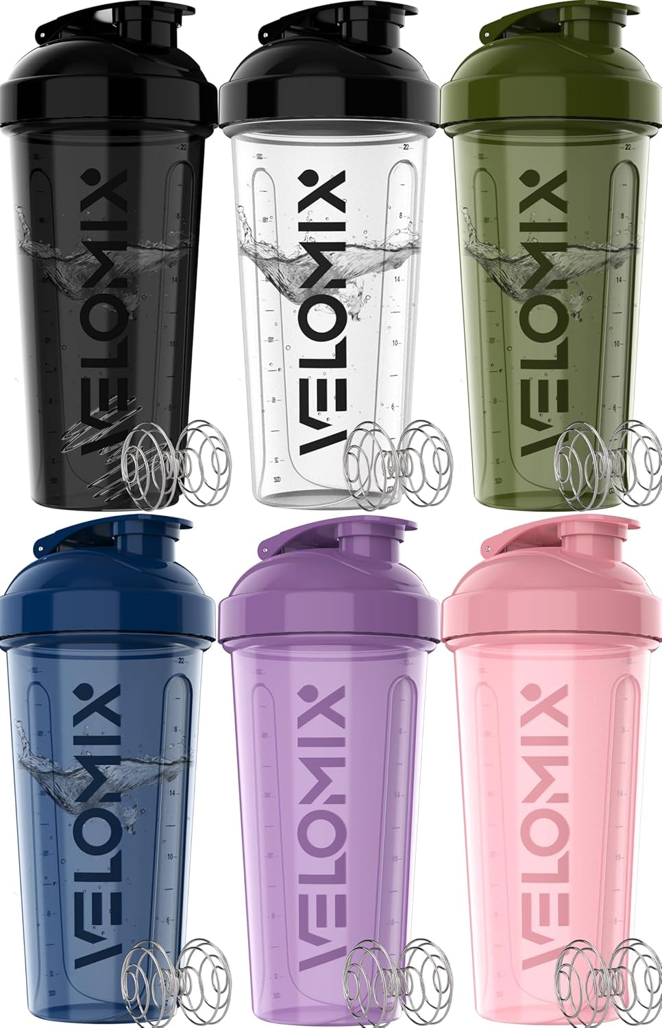VELOMIX -6 PACK- 28 Oz Protein Shaker Bottle for Protein Mixes - 6X Wire Whisk | Leak Proof Shaker Cups for Protein Shakes | Protein Shaker Bottle Pack | Protein Shake Cup (Earth Tones Collection)