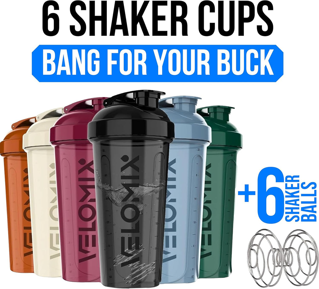 VELOMIX -6 PACK- 28 Oz Protein Shaker Bottle for Protein Mixes - 6X Wire Whisk | Leak Proof Shaker Cups for Protein Shakes | Protein Shaker Bottle Pack | Protein Shake Cup (Earth Tones Collection)